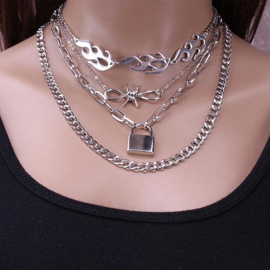 Jewelry Punk Hip Hop Knotted Chain Flame Necklace Fashion Alloy Lock Pendant Necklace Women
