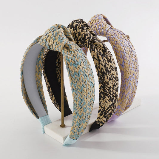F455TikTok Simple Knotted Raffia Braided Headband Female Contrasting Color Wide Edge Geometric Headband
