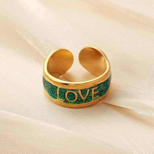 Personality fashion simple niche design ladies stainless steel opening LOVE blue green oil drop ring titanium steel ring