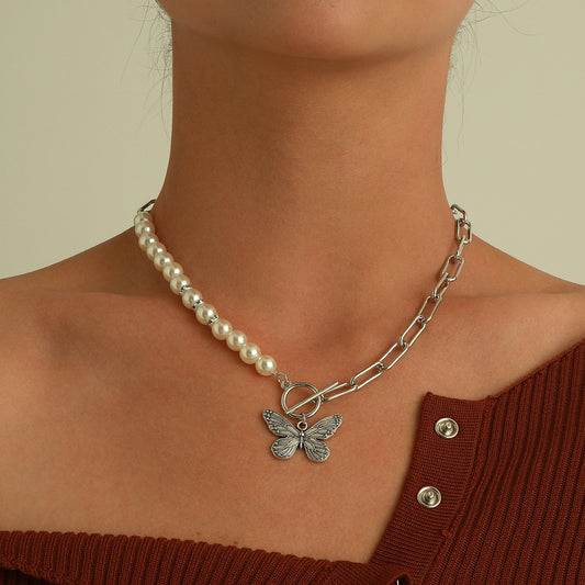 Jewelry OT Buckle Embossed Butterfly Pendant Necklace Female Fashion Half Face Pearl Hole Chain Necklace