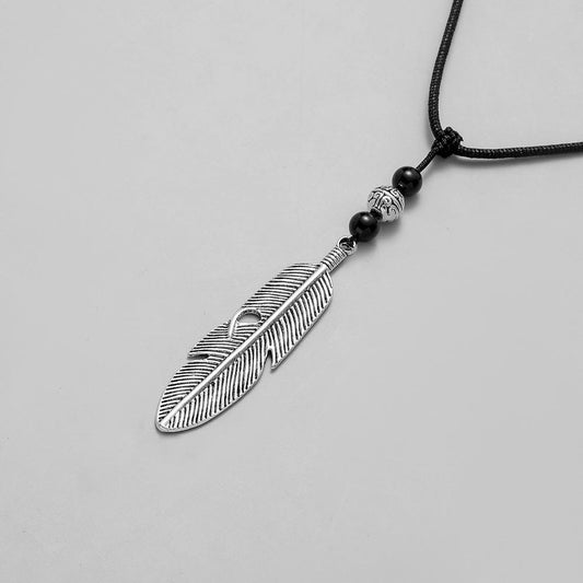 Trendy Design Street Shot Men's Simple Fashion Feather Beads Wax Rope Adjustable Length Necklace