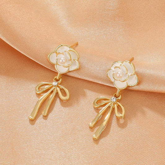 ins camellia bow earrings fashion light luxury niche design pearl tassel earrings temperament earrings