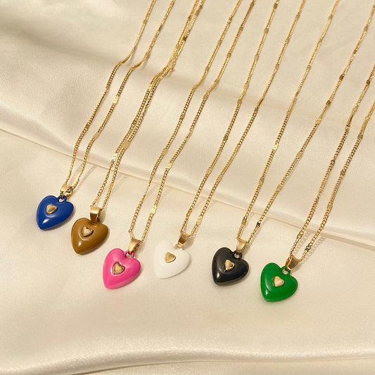 Fashion enamel dripping oil double love necklace French light luxury inlaid peach heart pendant clavicle chain simple necklace