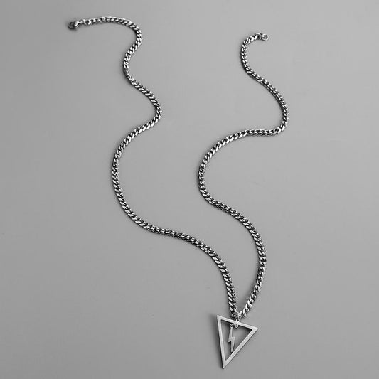 Men's Simple Domineering Fashion Trend Stainless Steel Geometric Triangle Lightning Pendant Titanium Steel Necklace
