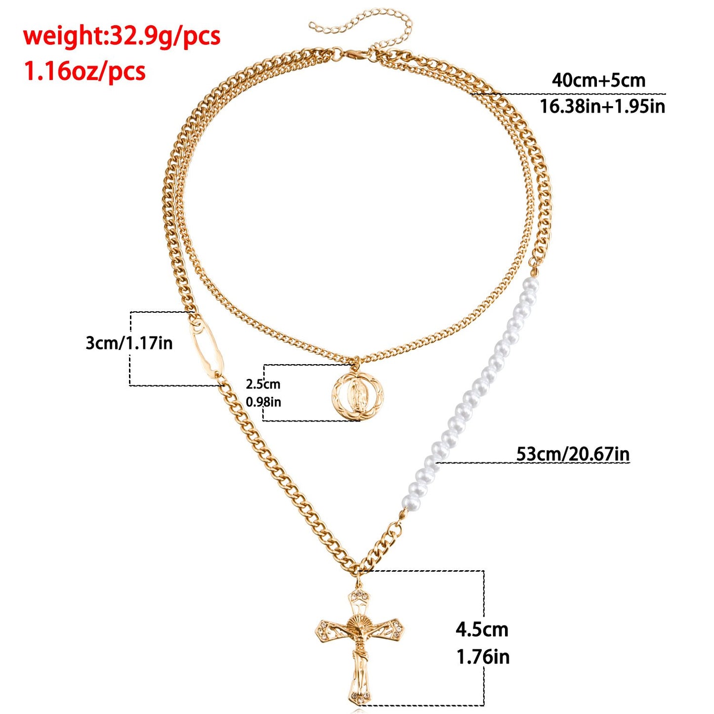 Explosive Necklace Fashion Personality Design Double Stacked Clavicle Chain Pearl Stitching Cross Sweater Chain
