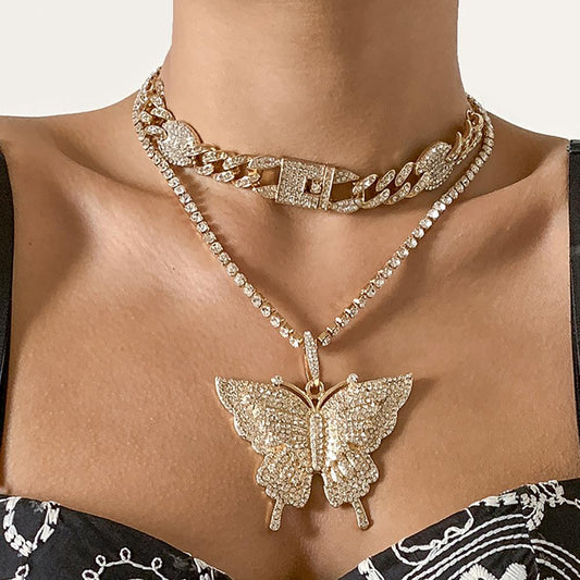 Jewelry Hip Hop Full Diamond Cuban Chain Necklace Female Trend Diamond Big Butterfly Clavicle Necklace