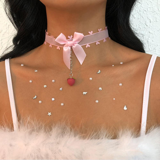 N9634 Jewelry Temperament Lady Peach Heart Pendant Necklace Bow Knot Yarn Fashion Necklace