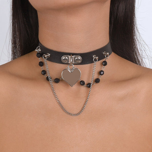 N1775 Gothic choker necklace PU leather love chain exaggerated punk necklace