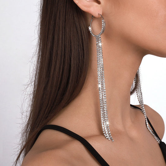 E1466 Exaggerated Long Rhinestone Tassel Earrings Women's Light Luxury Geometric Net Red Night Earrings