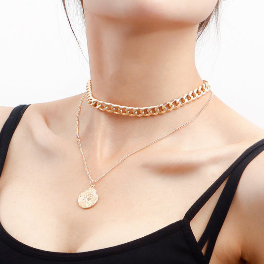 Jewelry retro double-layer geometric aluminum chain knight shield pendant necklace female ins niche