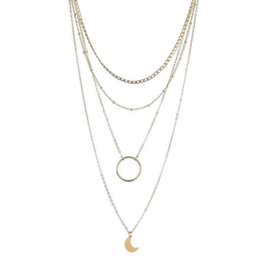 Fashion Circle Moon Pendant Necklace Retro Fashion Multilayer Thin Chain Necklace Accessories