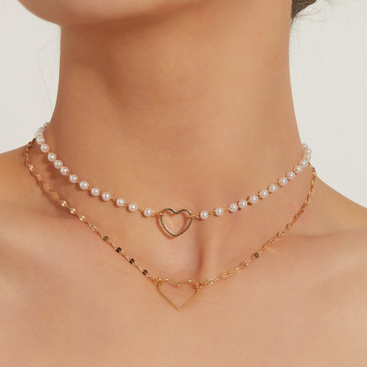 Jewelry fashion heart-shaped pendant trend female necklace double white pearl temperament popular