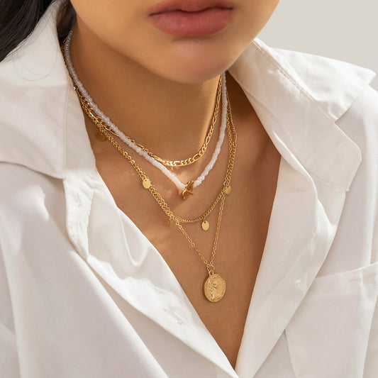 Jewelry Hip Hop Multilayer Metal Figure Pendant Necklace Vintage Sequins Imitation Pearl Clavicle Necklace