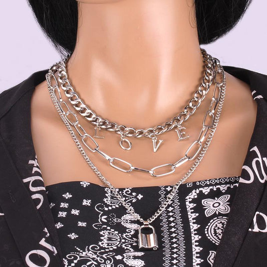 Jewelry multi-layer exaggerated creative chain necklace collarbone chain letter padlock-shaped necklace female