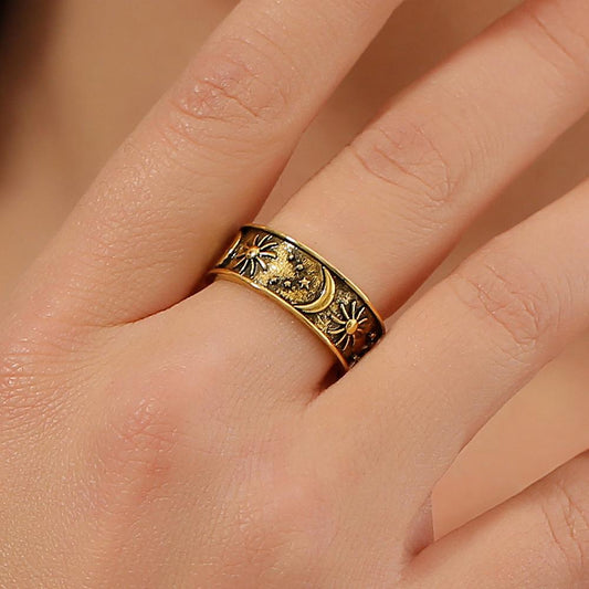 Retro star moon ring personality creative metal finger ring jewelry male