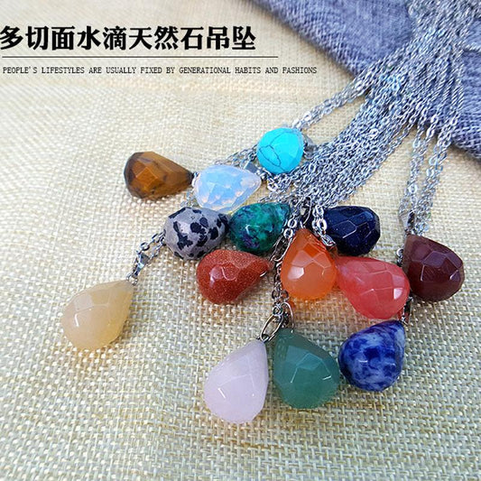 Multi-faceted Natural Stone Drop Shape Pendant Necklace Personality Clavicle Chain Necklace Versatile Clothing Accessories