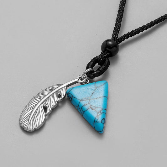 Trendy Men's Black Rope Feather Triangular Sapphire Necklace Art Retro Necklace
