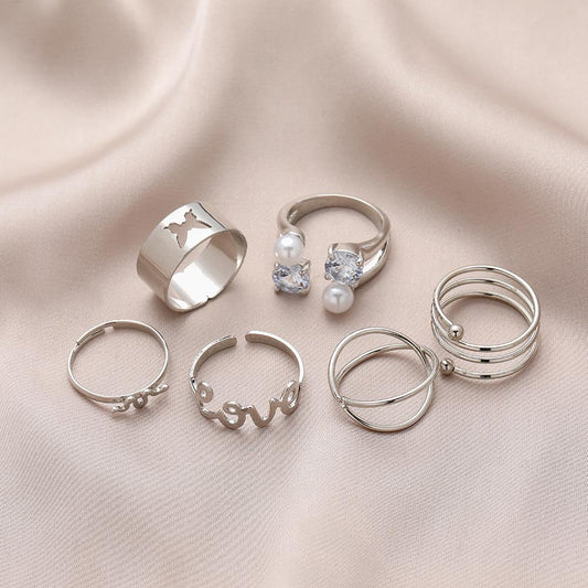 Fashion Retro Butterfly Love Snake Spring Pearl Multi-Piece Ring Set Six-Piece Set Ladies Jewelry