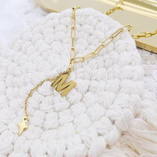 Titanium steel English letter M necklace female ins cold tassel five-pointed star collarbone chain all-match forest system net red necklace