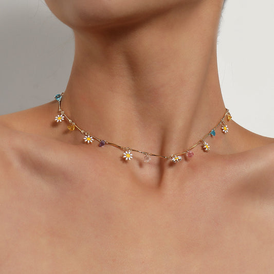 Jewelry Colorful Gem Straight Tube Chain Necklace Female Simple Temperament Painted Drop Glaze Flower Necklace