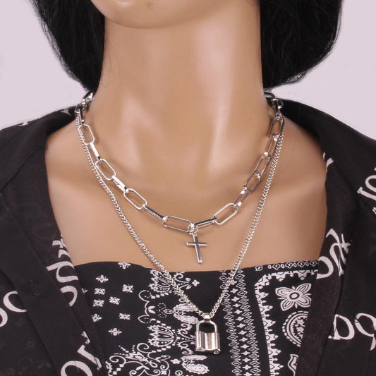 Exaggerated silver cross padlock alloy pendant multi-layer set chain hip-hop dark necklace