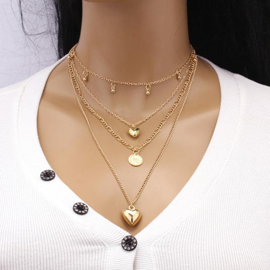 Trendy personality sequins peach heart pendant collarbone chain retro simple multi-layered necklace necklace