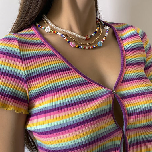 Hip Hop Sweet Cool Metal Chain Pearl Necklace Bohemia Small Daisy Flower Rice Bead Necklace