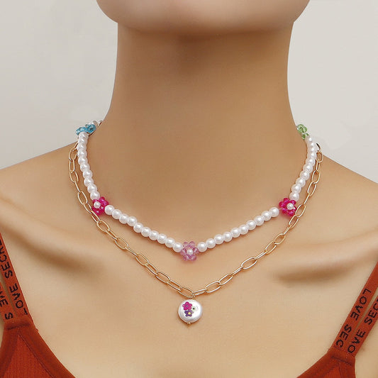 Jewelry oval imitation pearl double-layer clavicle chain women's fashion ins color flower rice bead necklace