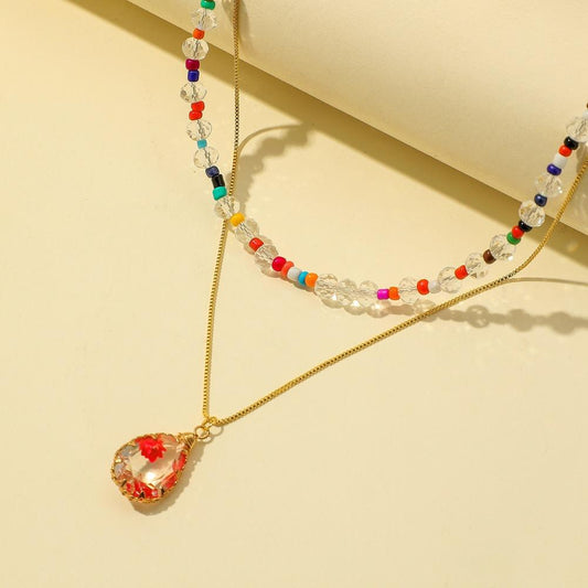 Fashion trend double-layer water drop dried flower resin pendant simple temperament elegant necklace jewelry female