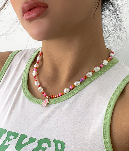Jewelry Irregular Color Rice Beads Beaded Necklace Creative Drip Oil Mushroom Imitation Pearl Necklace Female