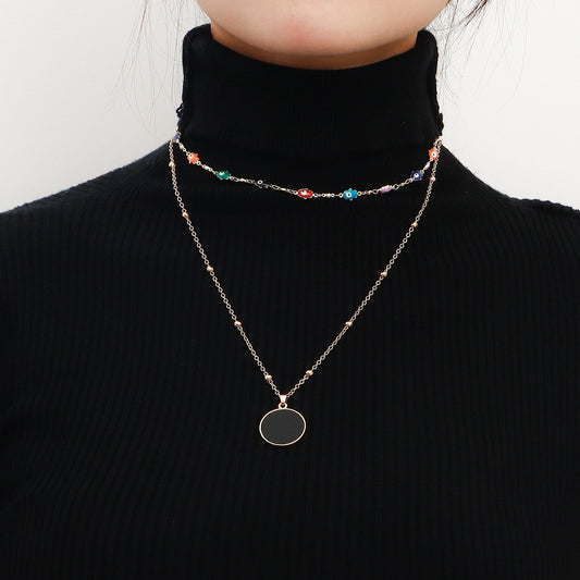 Jewelry evil eye double layered black mother-of-pearl pendant necklace female autumn and winter sweater chain