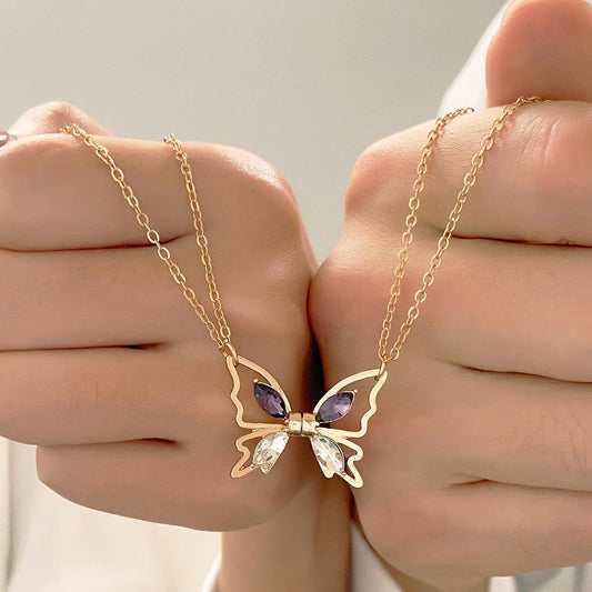 Inlaid Zircon Butterfly Couple Necklace Fashion Creative Magnetic Hollow Butterfly Clavicle Chain Girlfriend Gift