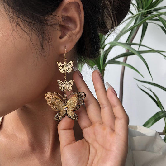 E844 Trendy Personality Earrings Long Butterfly Exaggerated Three Layer Butterfly Plating Earrings Female Earrings