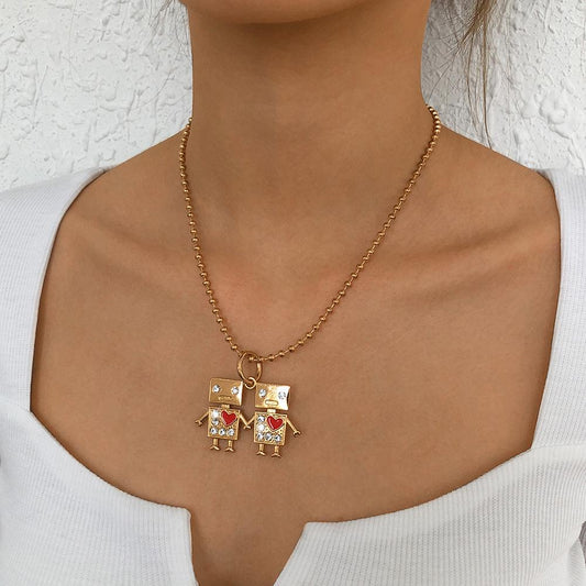 N955 Personality Cartoon Robot Pendant Necklace Simple Necklace Fun Heart Diamond Necklace Women