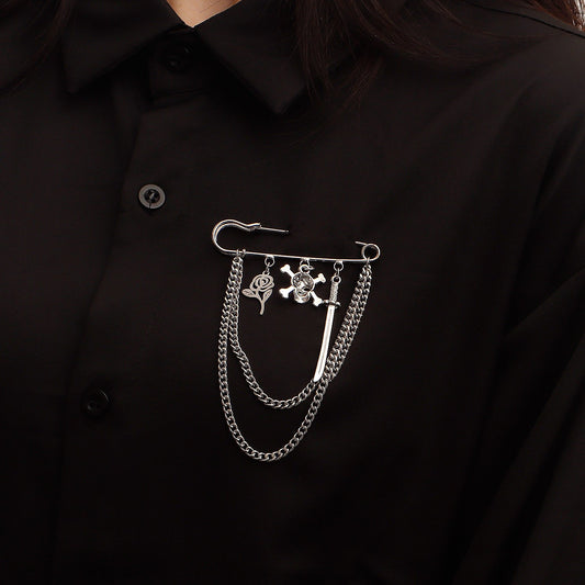 Jewelry steel color exaggerated geometric multi-element skull brooch women's long tassel brooch accessories