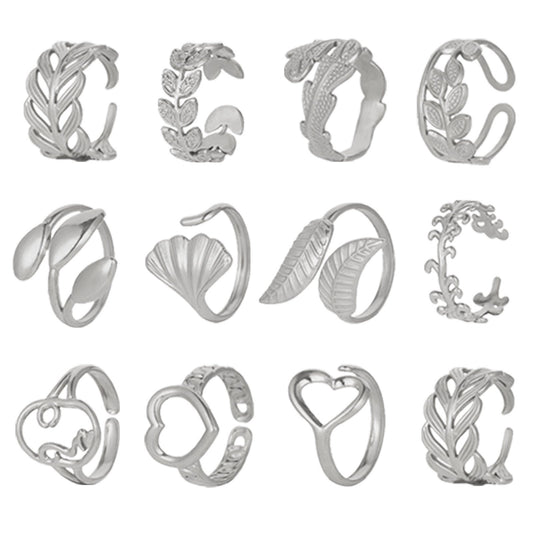 Fashion personality adjustable love stainless steel open ring simple feather leaf heart-shaped ring jewelry