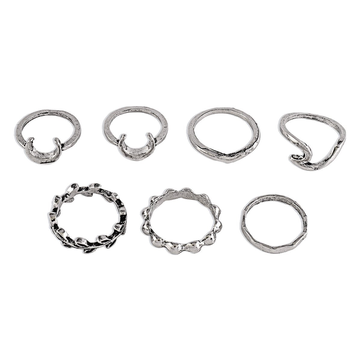 R766 Simple metal ring retro old ring crescent leaf joint ring set