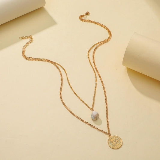 INS jewelry temperament simple freshwater pearl retro metal coin pendant fashion double layer necklace