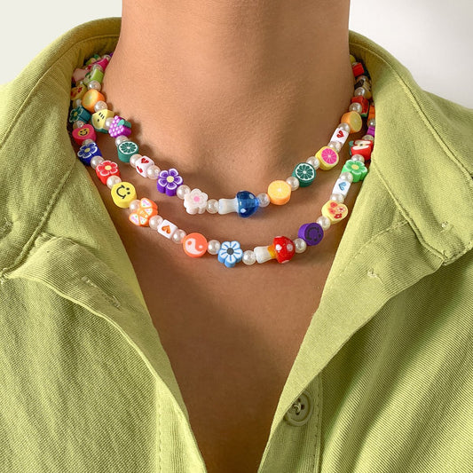 Jewelry Personality Design Random Daisy Fruit Necklace Imitation Pearl Mushroom Clavicle Single Layer Necklace
