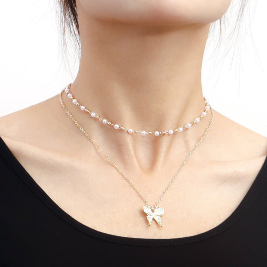 Necklace Fashion Double Pearl Clavicle Chain Butterfly Pendant Necklace Female Jewelry