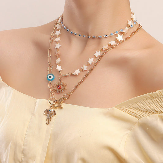 Jewelry Bohemian five-pointed star trend multi-layer devil's eye necklace female elephant trunk accessories