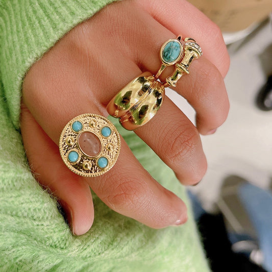 Retro court inlaid turquoise ring set metal texture bamboo ring index finger ring female