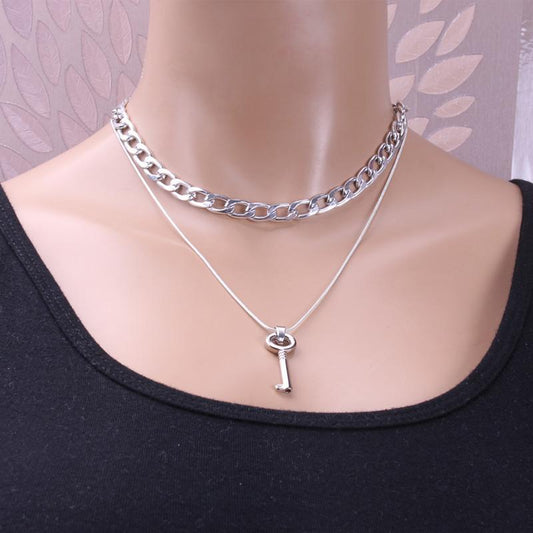 Jewelry Hip Hop Thick Chain Metal Texture Necklace Simple Retro Key Double Layer Necklace Female