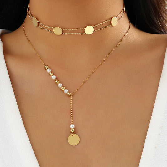 Jewelry Simple Metal Sequins Thin Chain Necklace Choker Niche Cold Pearl Necklace