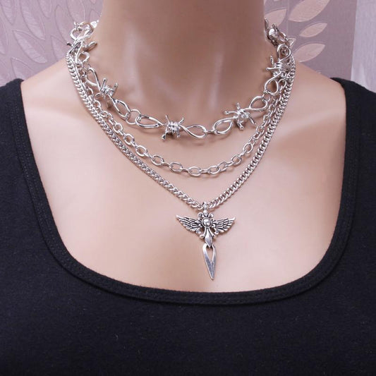 Jewelry Retro Geometric Hollow Cross Necklace Simple Thorn Knotted Multilayer Necklace Set Chain
