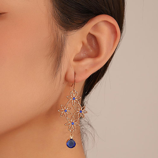 Ins retro creative hollow flower earrings fashion bohemian blue crystal rhombus earrings earrings