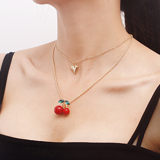 Jewelry exaggerated red big cherry multi-layer heart pendant necklace female choker