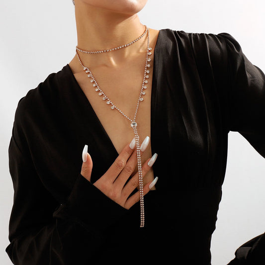 N1911 Jewelry cold Y-shaped long necklace full of diamond claw chain niche temperament geometric necklace