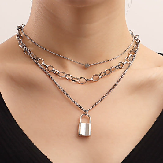 Trend Jewelry Punk Hip Hop Exaggerated Double Clavicle Chain Lock Pendant Necklace Metal Collar