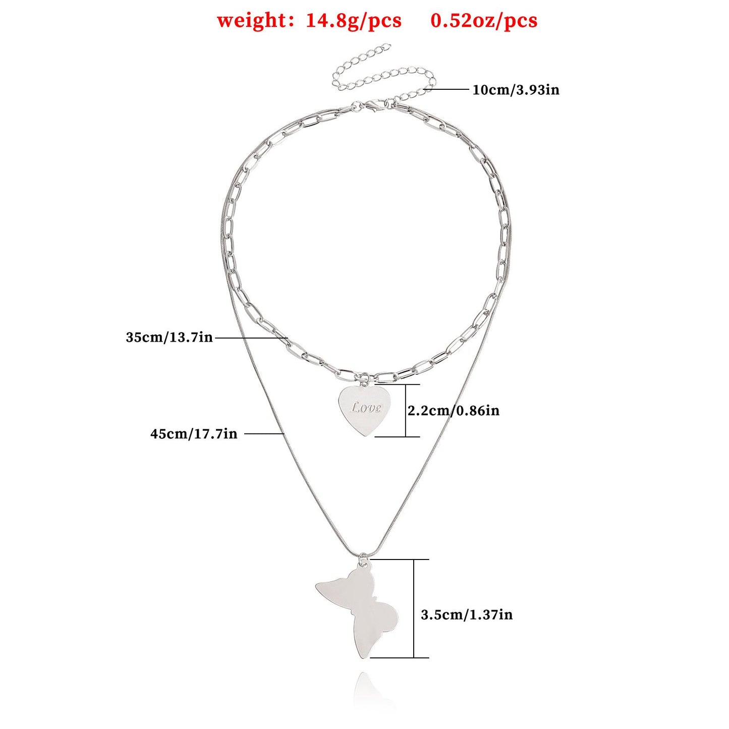 Jewelry trend double snake bone chain glossy love butterfly pendant necklace female ins metal